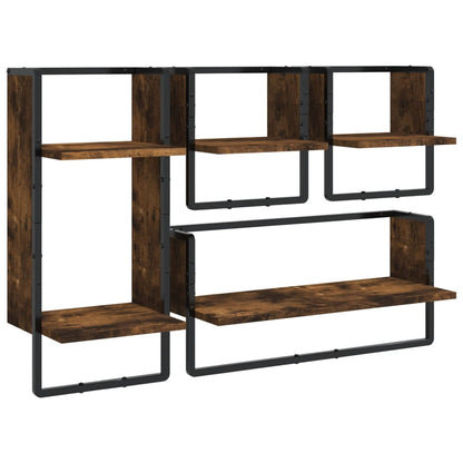 vidaXL 4 Piece Wall Shelf Set with Bars Smoked Oak Engineered Wood 2