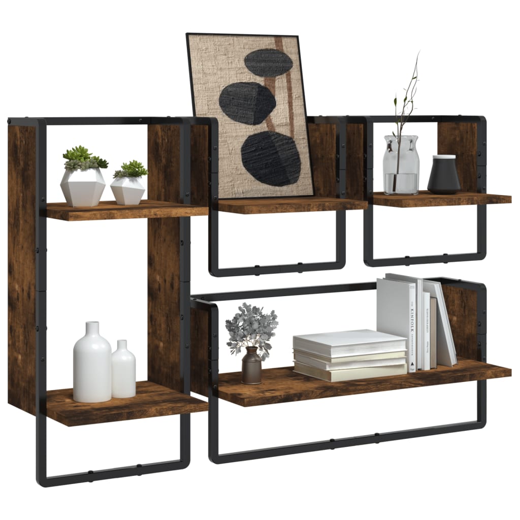 vidaXL 4 Piece Wall Shelf Set with Bars Smoked Oak Engineered Wood 3