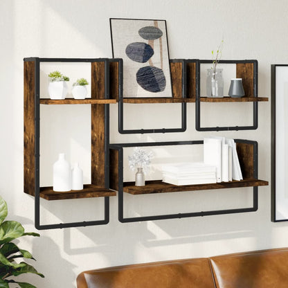 vidaXL 4 Piece Wall Shelf Set with Bars Smoked Oak Engineered Wood 1