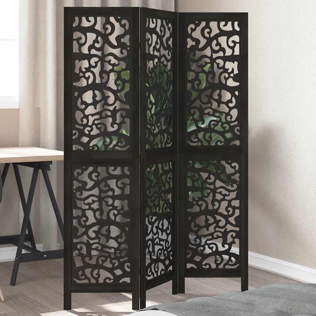 vidaXL Room Divider 3 Panels Black Solid Wood Paulownia 1