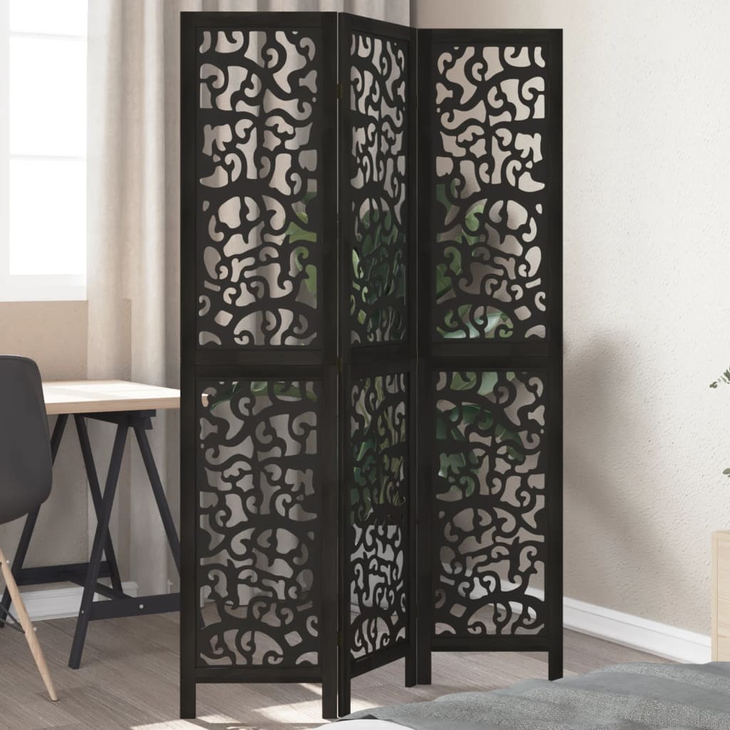 vidaXL Room Divider 3 Panels Black Solid Wood Paulownia 1