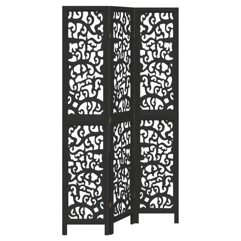 vidaXL Room Divider 3 Panels Black Solid Wood Paulownia 2