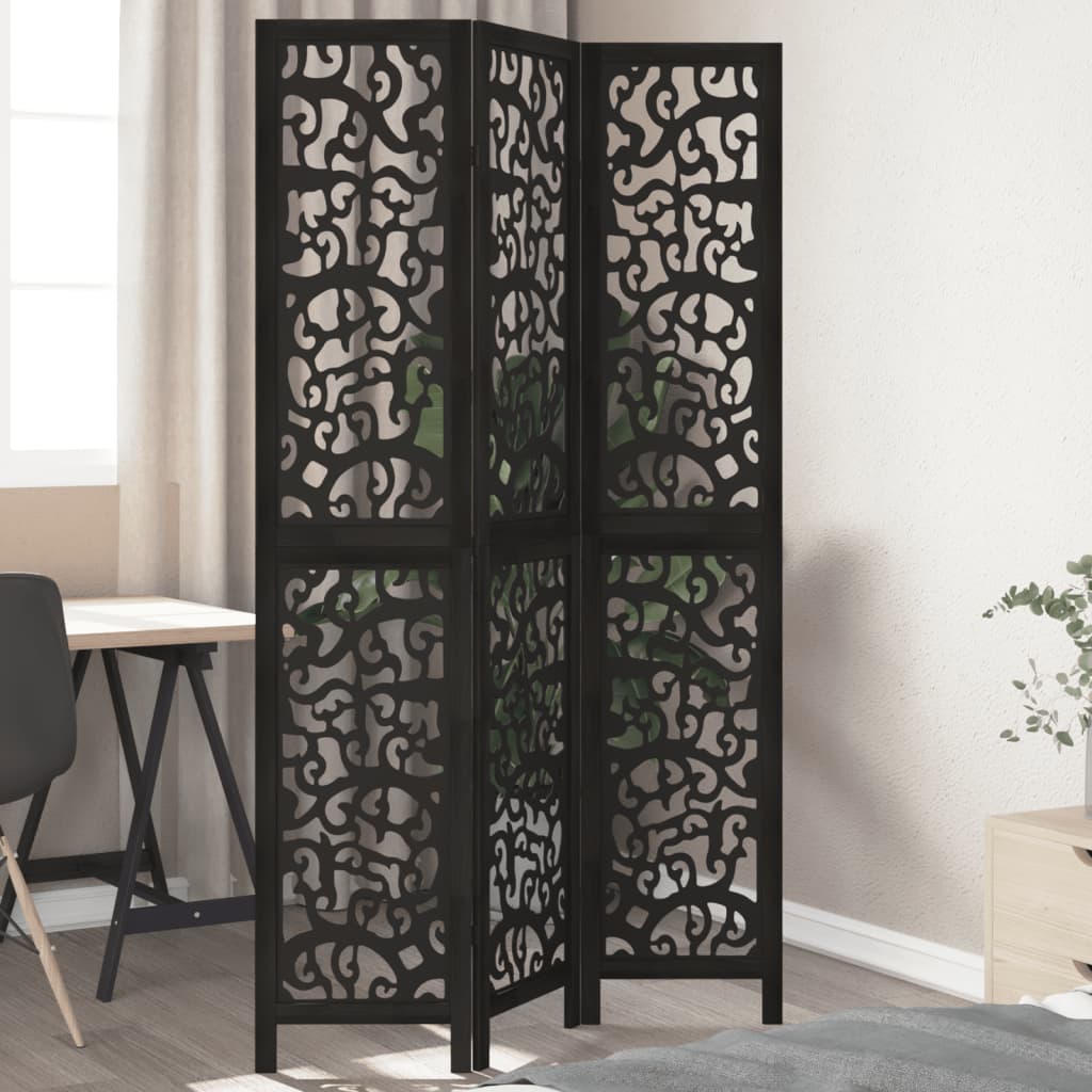 vidaXL Room Divider 3 Panels Black Solid Wood Paulownia 1