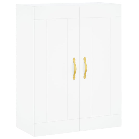 White wall mounted cabinet with two gold handles, front view