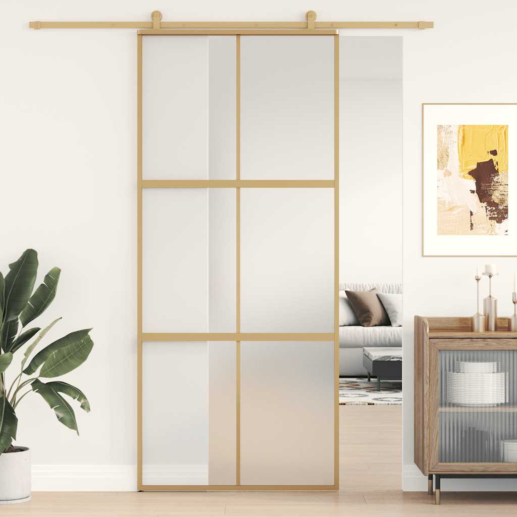 Sliding Door 90x205 cm Clear ESG Glass and Aluminium Gold and matt 3x2 grids