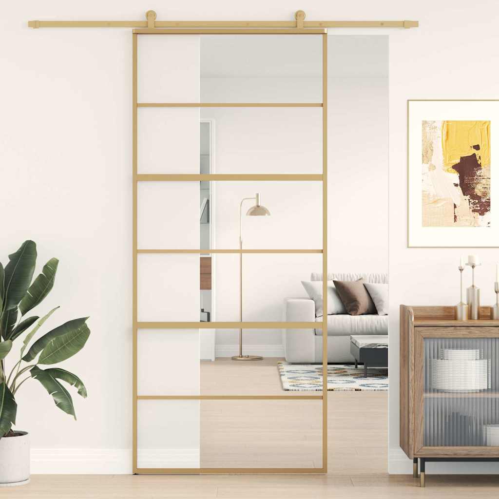 Sliding Door 90x205 cm Clear ESG Glass and Aluminium Gold 5 horizontal bars