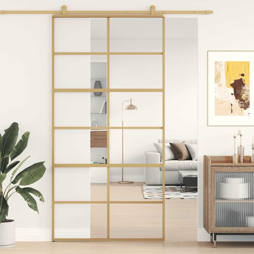Sliding Door 102.5x205 cm Clear ESG Glass and Aluminium Gold 6x2 grids