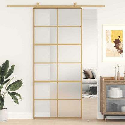 Sliding Door 90x205 cm Clear ESG Glass and Aluminium Gold and matt 6x2 grids