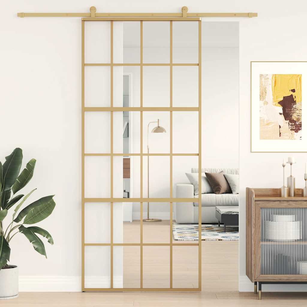 Sliding Door 90x205 cm Clear ESG Glass and Aluminium Gold 6x4 grids