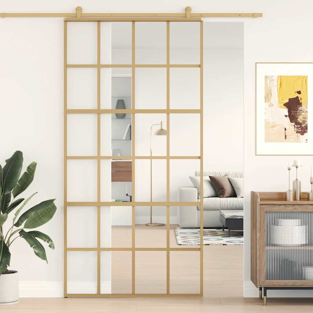 Sliding Door 102.5x205 cm Clear ESG Glass and Aluminium Gold 6x4 grids