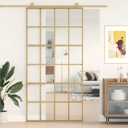 Sliding Door 102.5x205 cm Clear ESG Glass and Aluminium Gold 6x4 grids