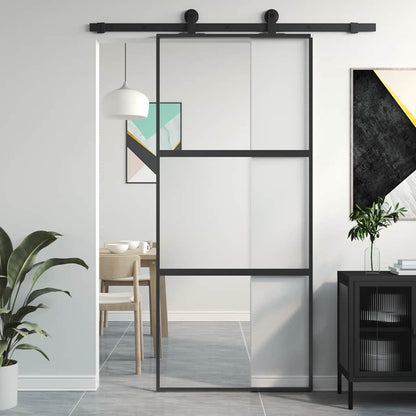 Sliding Door 90x205 cm Clear ESG Glass and Aluminium Black & transparent & matt 2 horizontal bars