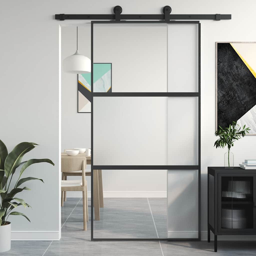 Sliding Door 102.5x205 cm Clear ESG Glass and Aluminium Black & transparent & matt 2 horizontal bars
