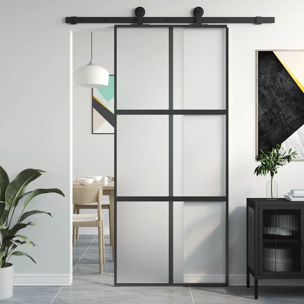Sliding Door 90x205 cm Clear ESG Glass and Aluminium Black and matt 3x2 grids