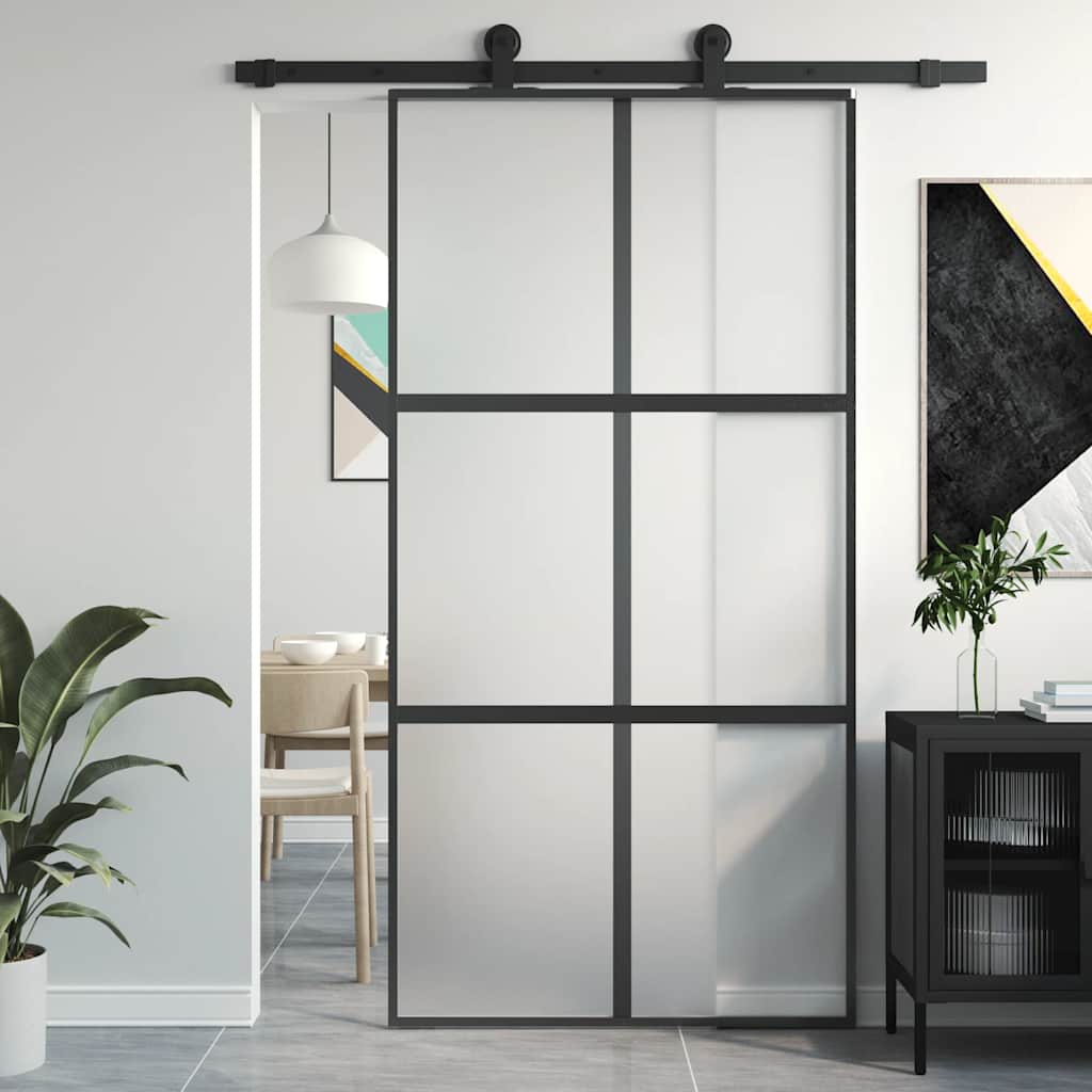 Sliding Door 102.5x205 cm Clear ESG Glass and Aluminium Black and matt 3x2 grids