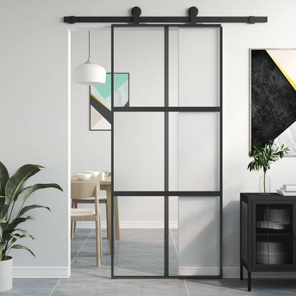 Sliding Door 90x205 cm Clear ESG Glass and Aluminium Black & transparent & matt 3x2 grids