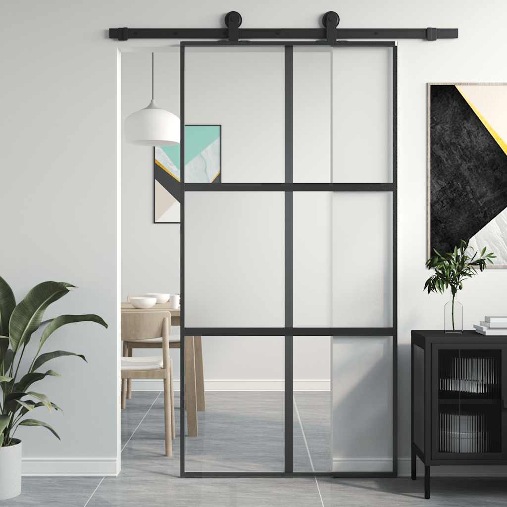 Sliding Door 102.5x205 cm Clear ESG Glass and Aluminium Black & transparent & matt 3x2 grids