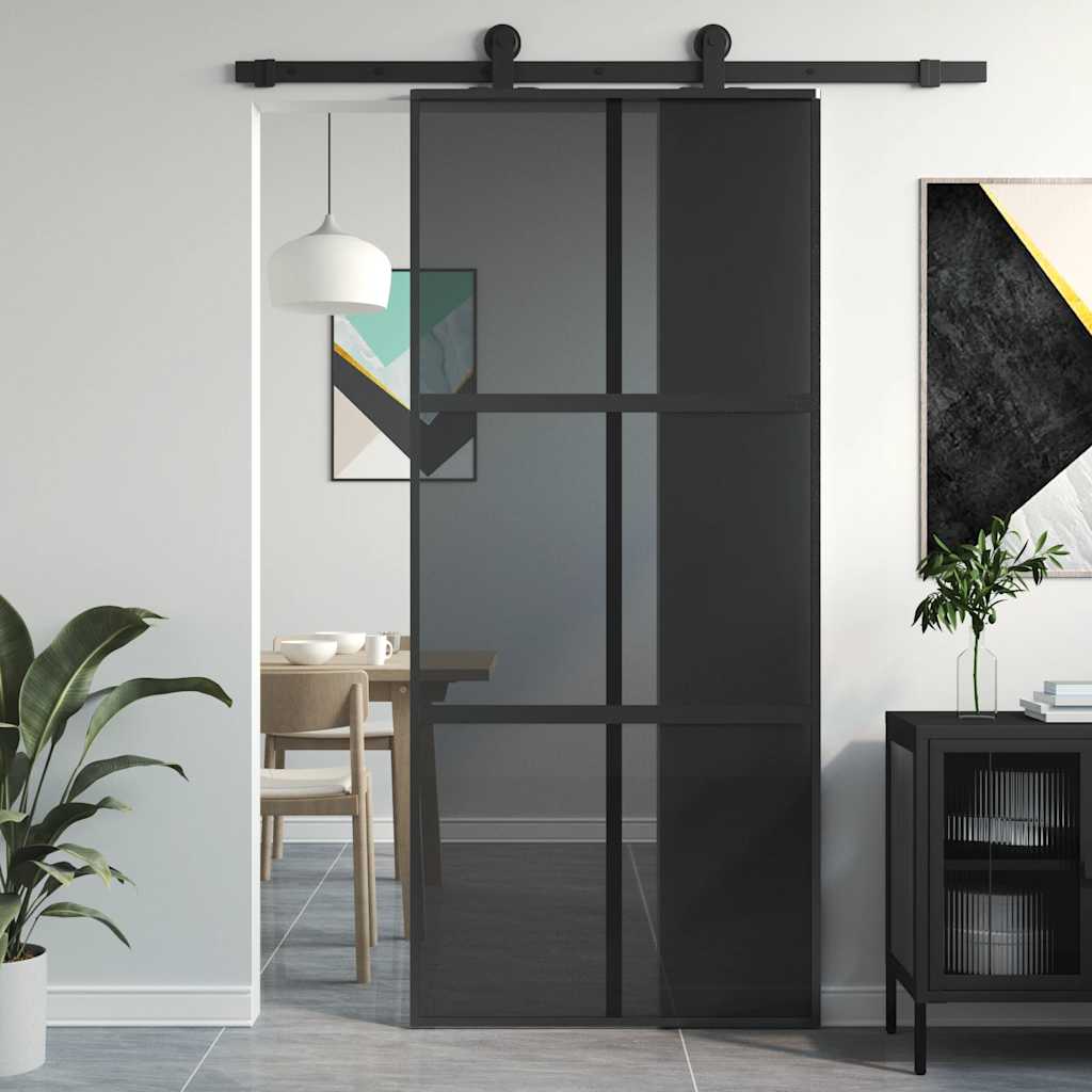 Sliding Door 90x205 cm Clear ESG Glass and Aluminium Black 3x2 grids