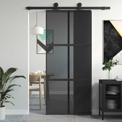 Sliding Door 90x205 cm Clear ESG Glass and Aluminium Black 3x2 grids
