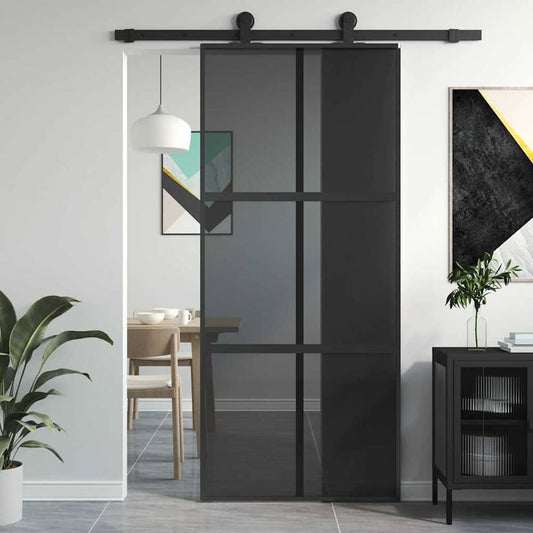 Sliding Door 90x205 cm Clear ESG Glass and Aluminium Black 3x2 grids