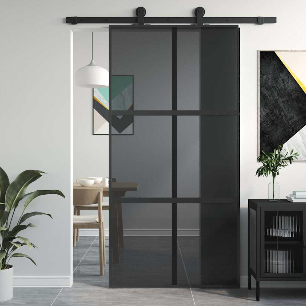 Sliding Door 102.5x205 cm Clear ESG Glass and Aluminium Black 3x2 grids