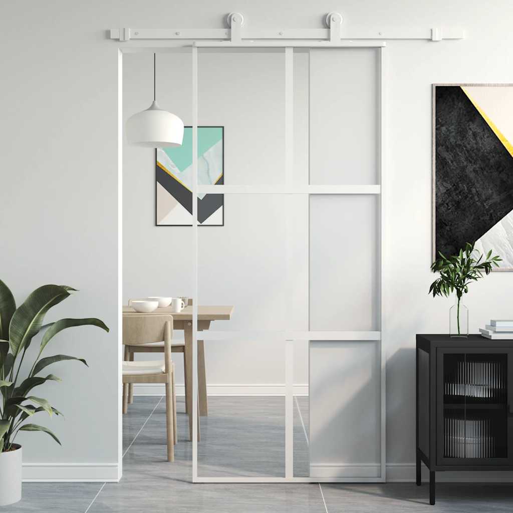 Sliding Door 90x205 cm Clear ESG Glass and Aluminium White and transparent 3x2 grids