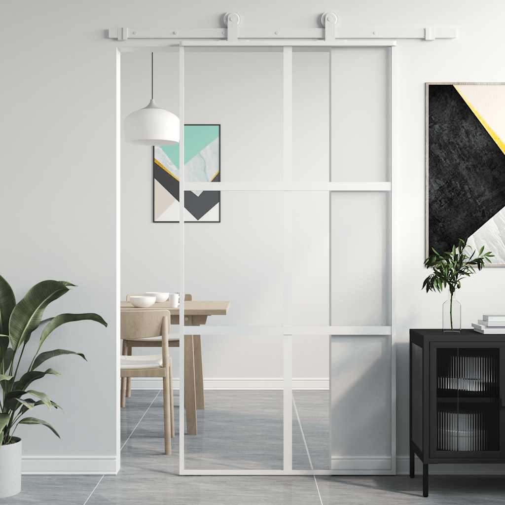 Sliding Door 102.5x205 cm Clear ESG Glass and Aluminium White and transparent 3x2 grids