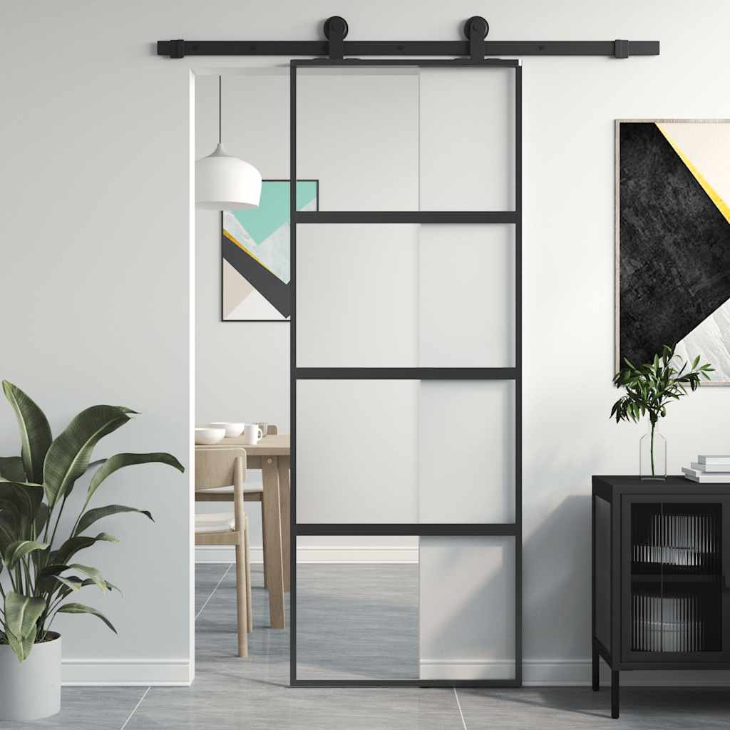 Sliding Door ESG Glass and Aluminium 76 x 205 cm Black Half frosted
