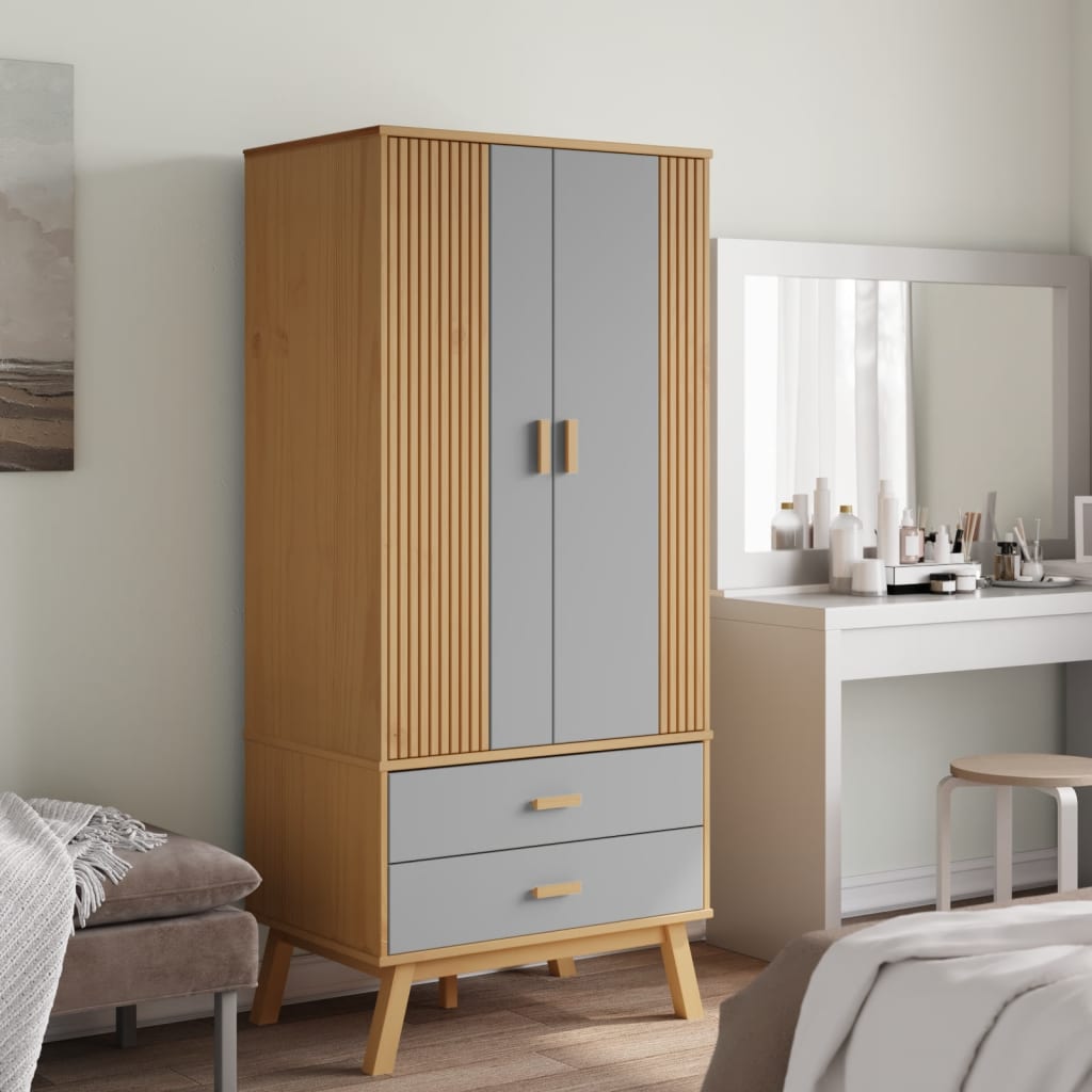 vidaXL Wardrobe OLDEN Grey and Brown 76.5x53x172 cm Solid Wood Pine 3