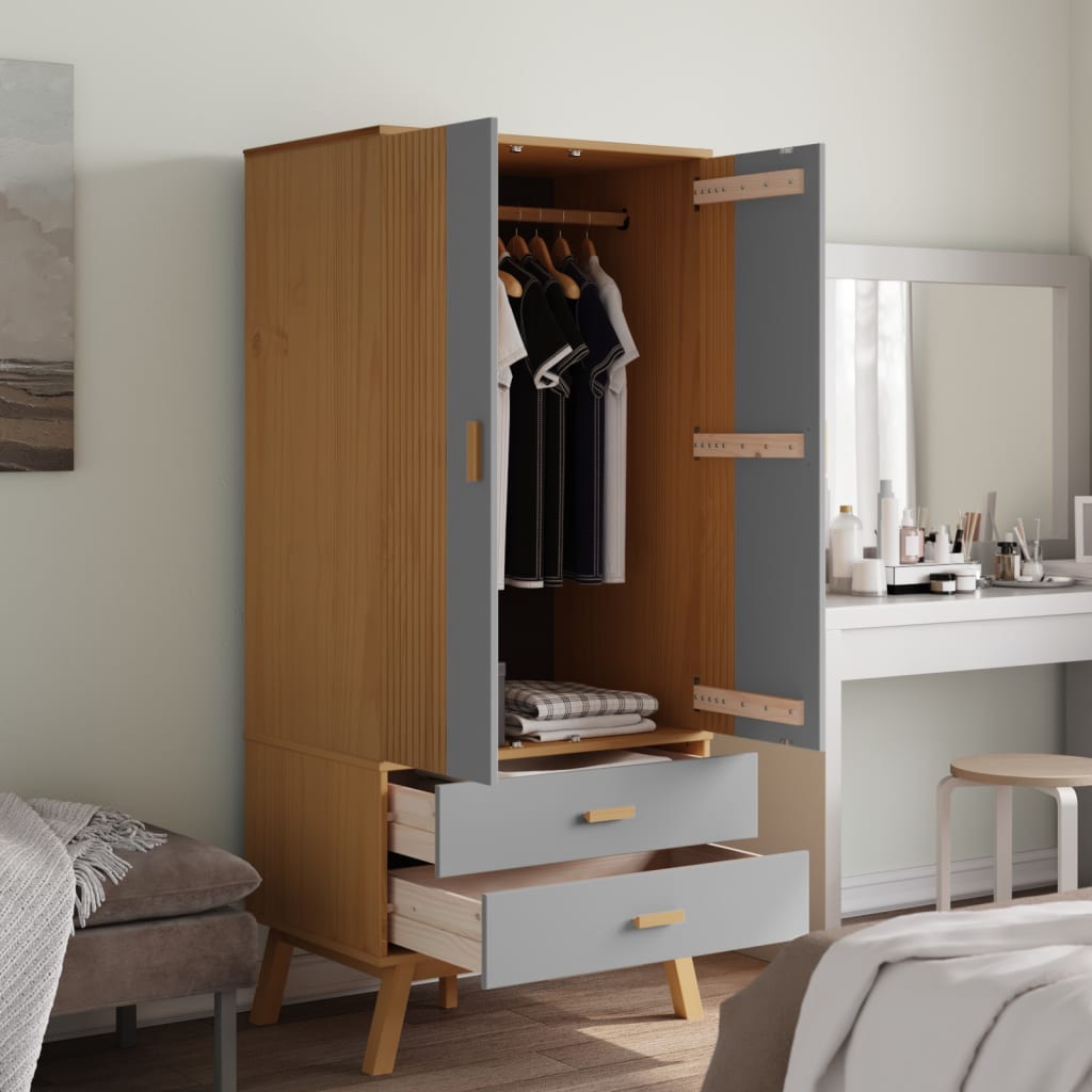 vidaXL Wardrobe OLDEN Grey and Brown 76.5x53x172 cm Solid Wood Pine 4
