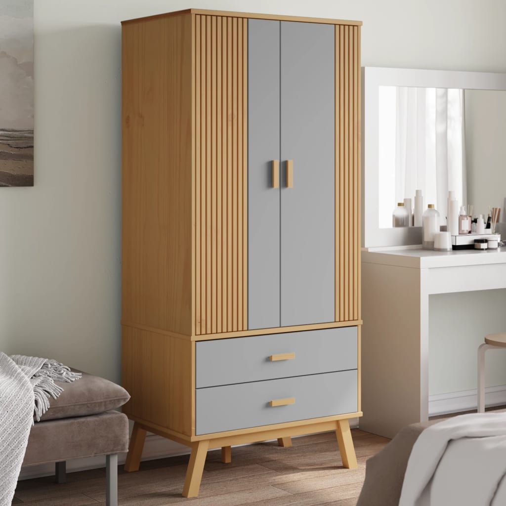 vidaXL Wardrobe OLDEN Grey and Brown 76.5x53x172 cm Solid Wood Pine 1