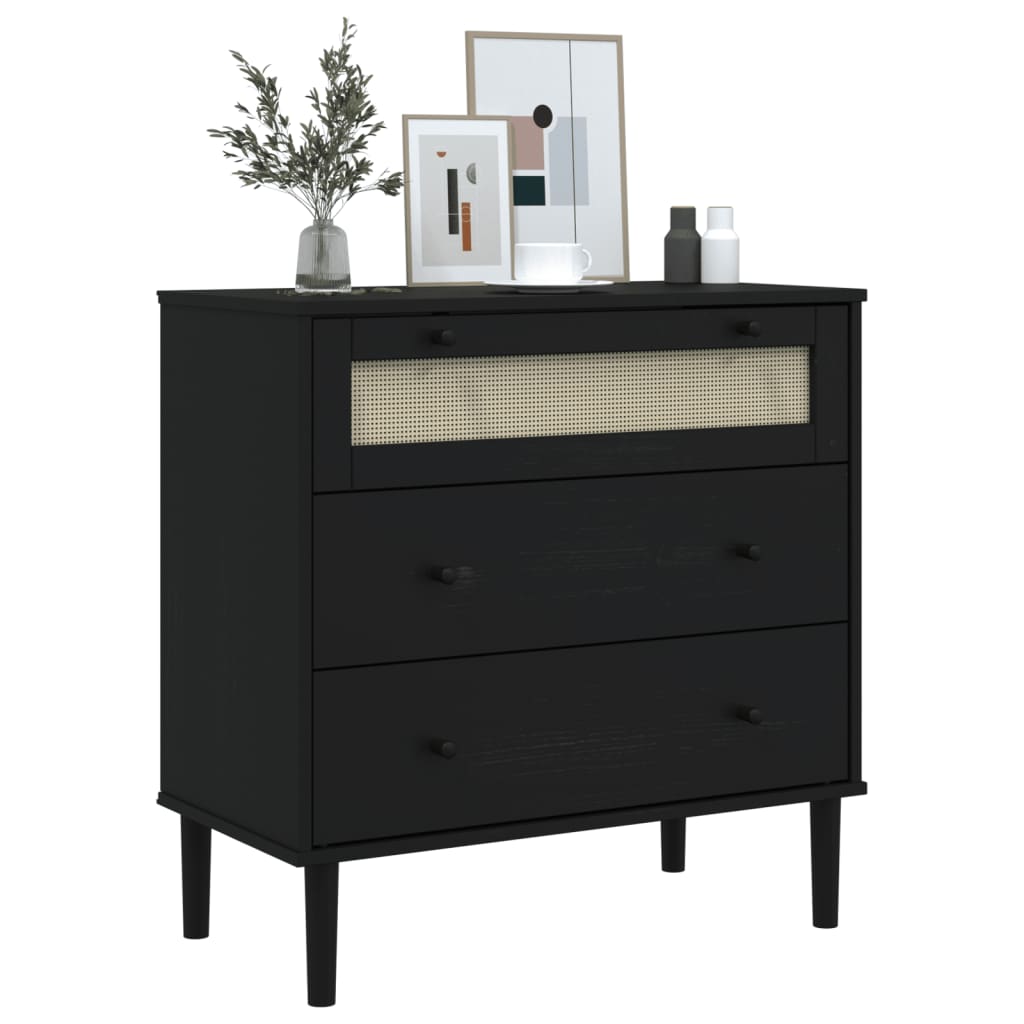 vidaXL Drawer Cabinet SENJA Rattan Look Black 80x40x80 cm Solid Wood Pine 3