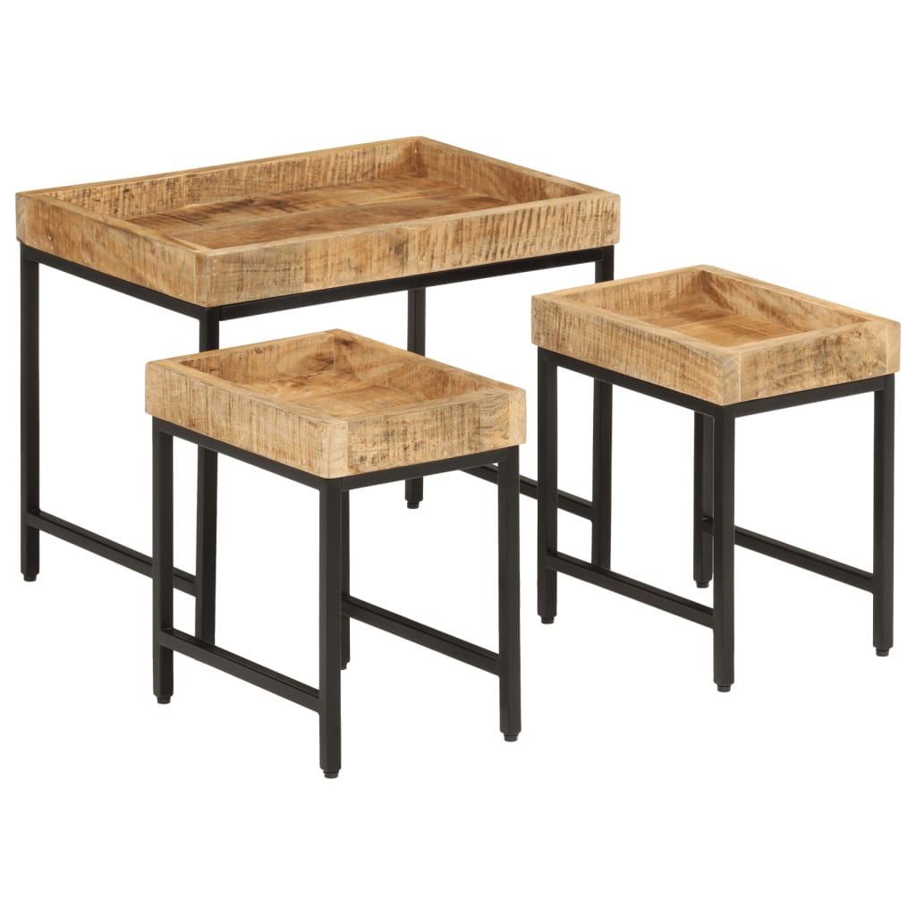 vidaXL Nesting Coffee Tables 3 pcs Solid Rough Mango Wood and Iron 4