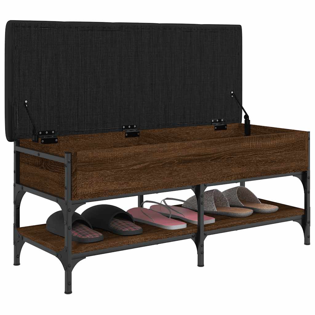 The shoe bench lid is open revealing storage space above the shelves