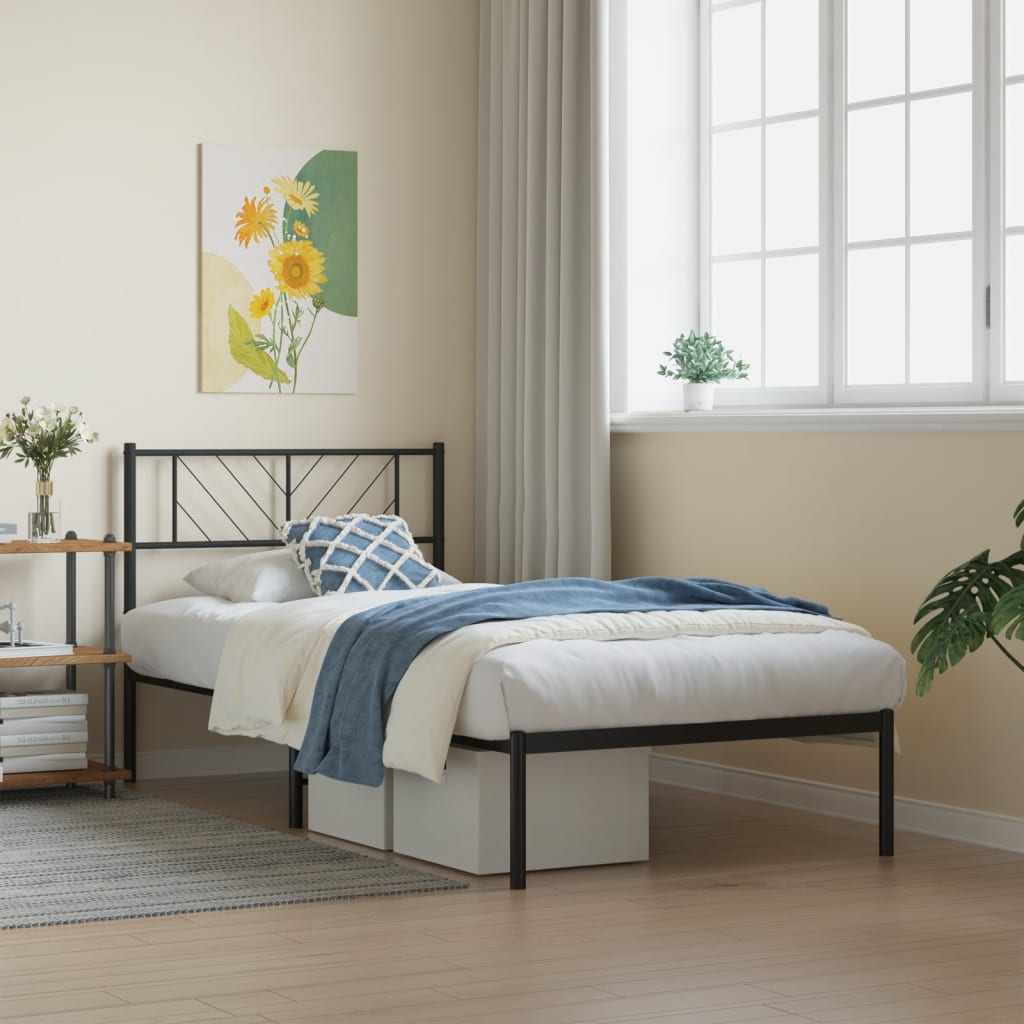 vidaXL Metal Bed Frame without Mattress with Headboard Black 90x200cm 1