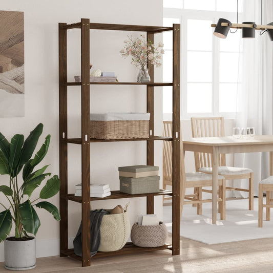 vidaXL 5-Tier Storage Rack Brown Solid Wood Pine standing in a bright living room with decor