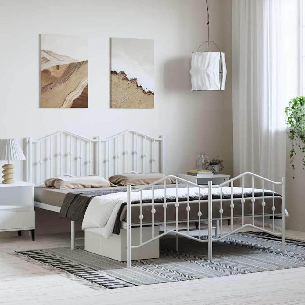 Metal Bed Frame without Mattress with Footboard with Headboard & Footboard White 135 cm 190 cm
