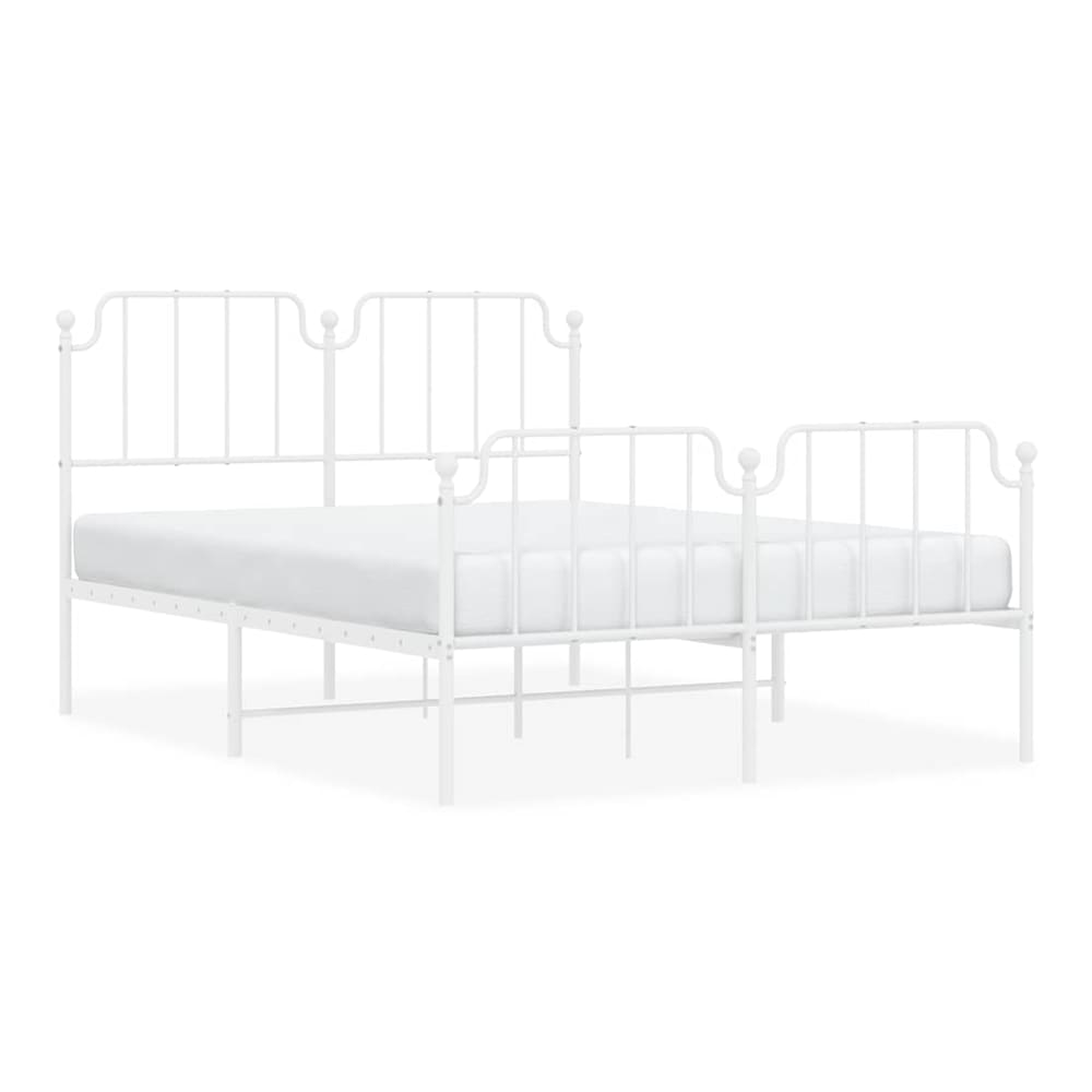 The white metal bed frame with a simple mattress base, showing the slatted design