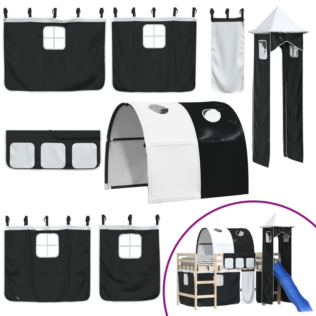 vidaXL Curtains for Loft Bed with Tunnel and Tower White and Black 2