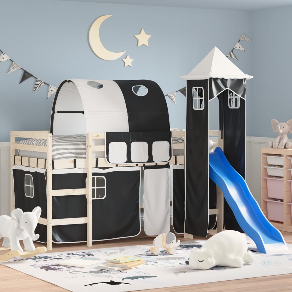 vidaXL Curtains for Loft Bed with Tunnel and Tower White and Black 1