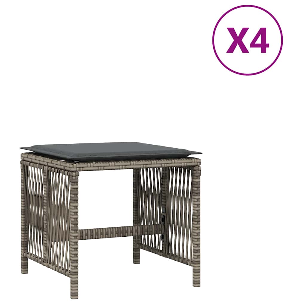 Four grey poly rattan garden stools with cushions, each with a grey cushion on top