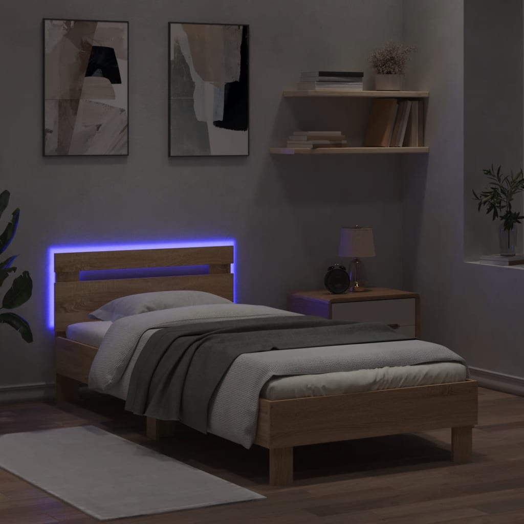 vidaXL Bed Frame without Mattress with LED Lights Sonoma Oak 75x190 cm Small Single 4