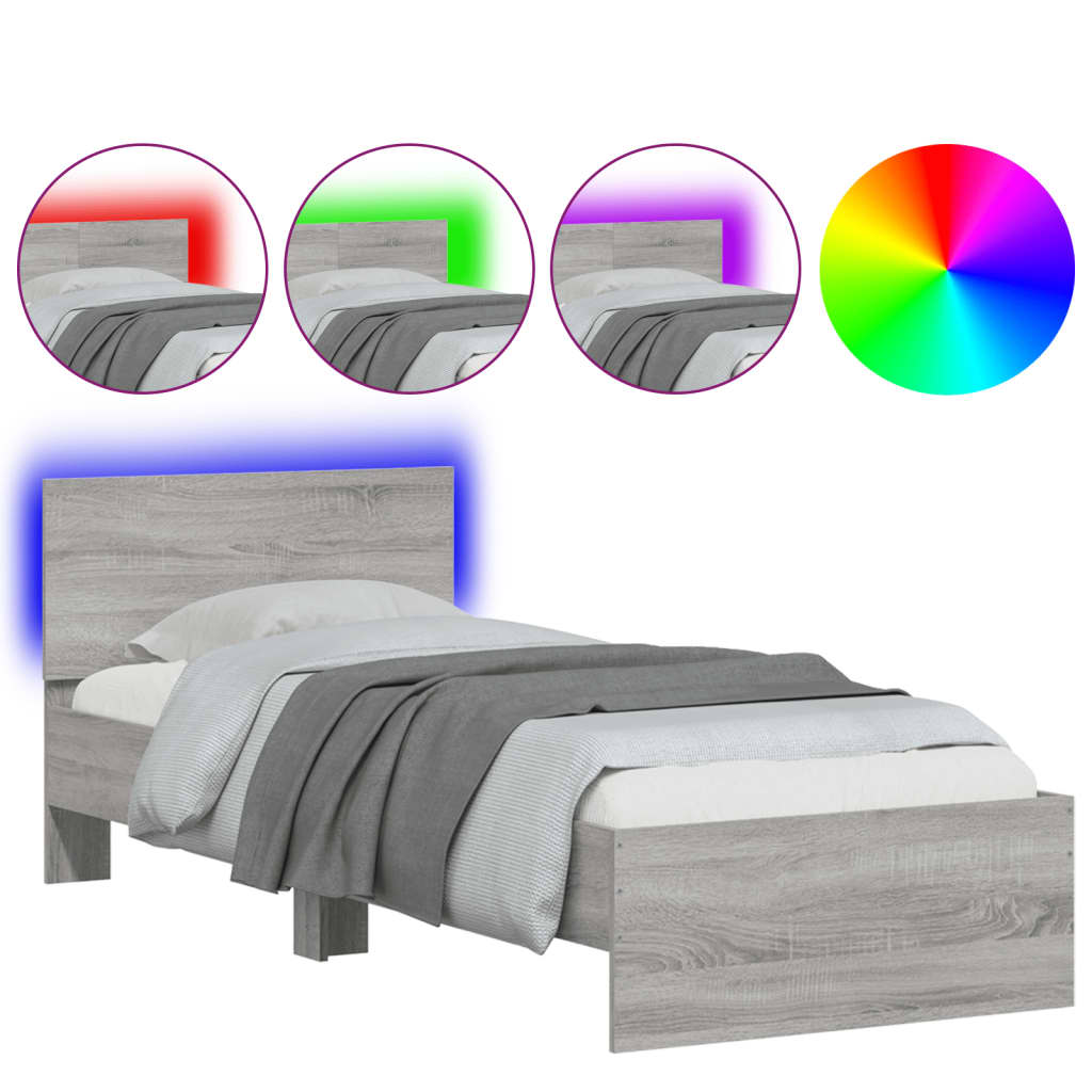 vidaXL Bed Frame without Mattress with LED Lights Grey Sonoma 75x190cm 2