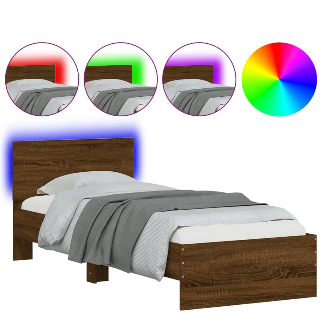 vidaXL Bed Frame without Mattress with LED Lights Brown Oak 75x190 cm Small Single 2
