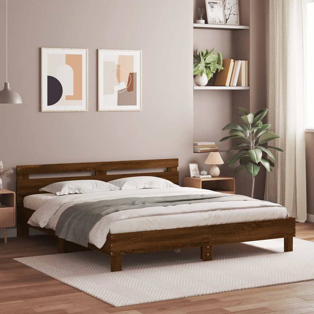 Bed Frame with LED without Mattress Brown Oak 200 x 200 cm