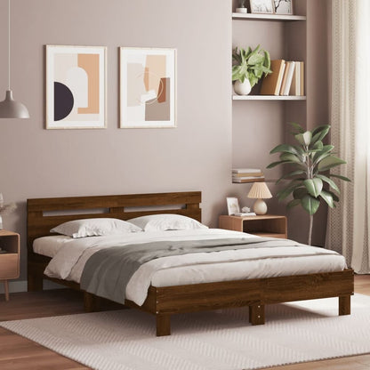 Bed Frame with LED without Mattress Brown Oak 150 x 200 cm