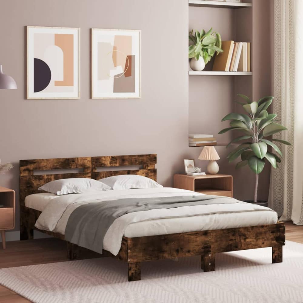 Bed Frame with LED without Mattress Smoked Oak 120 x 200 cm