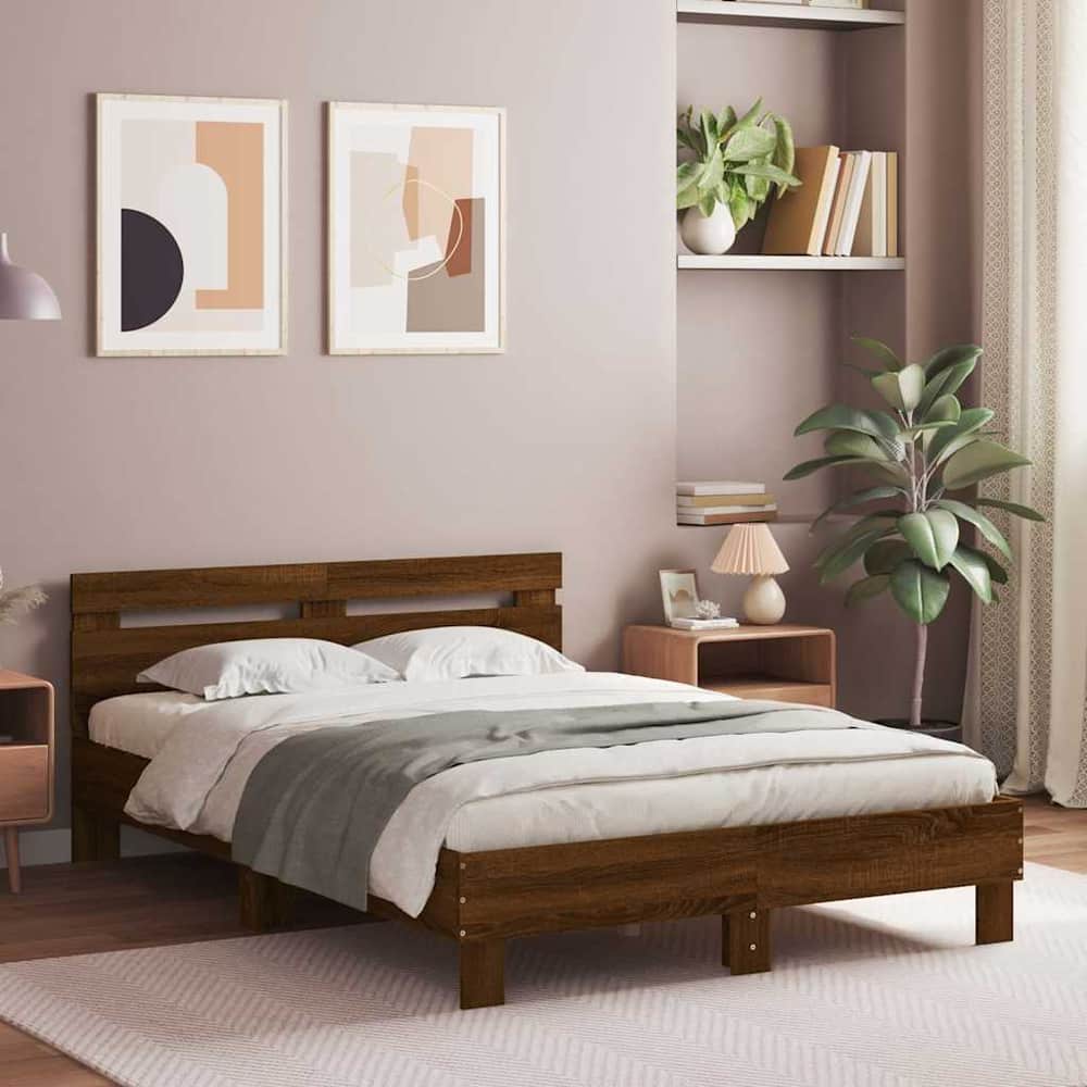 Bed Frame with LED without Mattress Brown Oak 135 x 190 cm