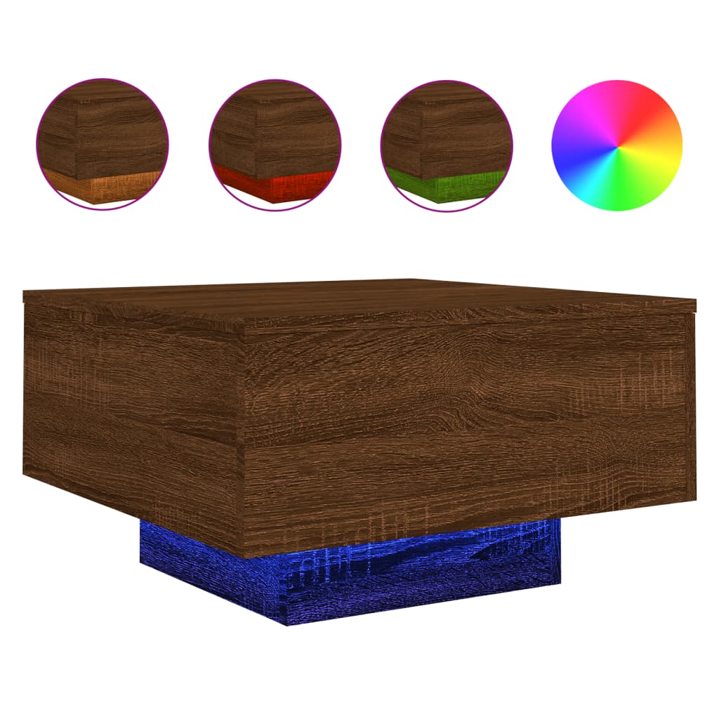 vidaXL Coffee Table with LED Lights Brown Oak 55x55x31 cm 2