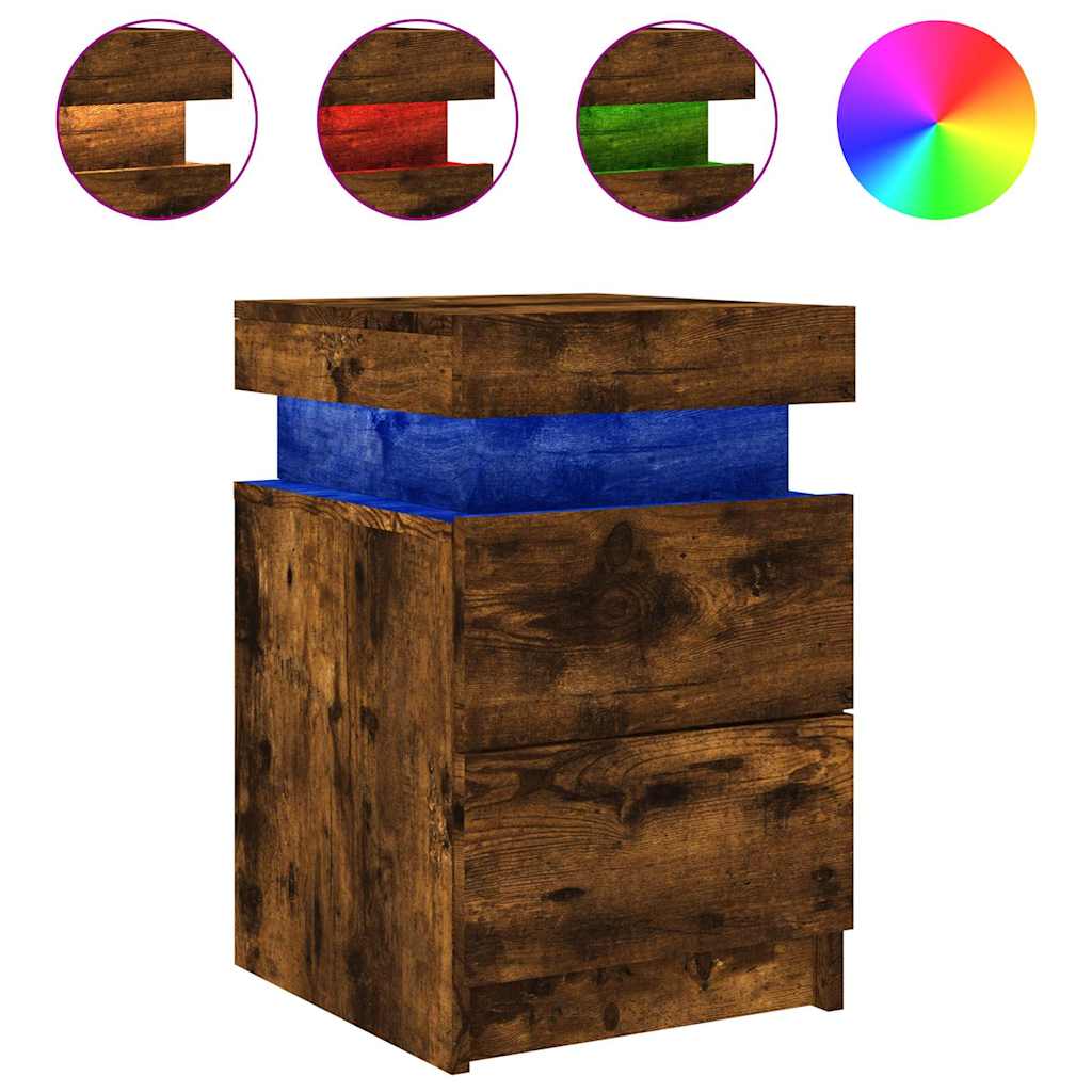 vidaXL Bedside Cabinet with LED Lights Smoked Oak 35x39x55 cm 2